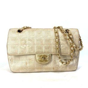 CHANEL CC Mark CC Chocolate bar Double Chain Crossbody Shoulder Bag Canvas Beige